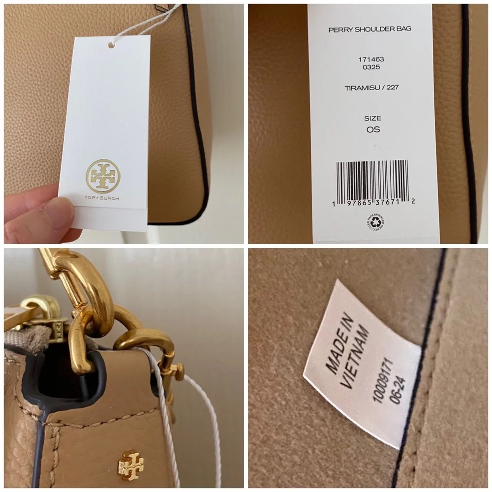 $400 NWT Tory Burch Perry Brown Tan Pebble Leather Gold Chain Strap Shoulder Bag